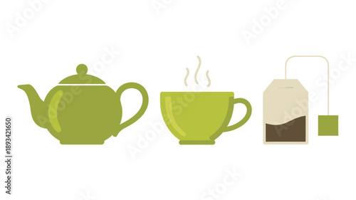 Tea Set with Steaming Cup in Green Flat Design on White Background for Beverage Advertising