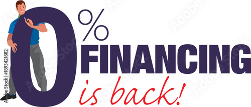 A promotional vector graphic announcing a 0% financing offer that is currently available again, highlighting an attractive financial deal for customers.