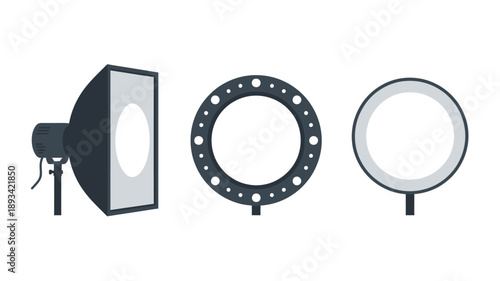 Studio Lighting Equipment in Modern Minimalist Style with Softbox and Ring Lights in Flat Vector Illustration for Photography