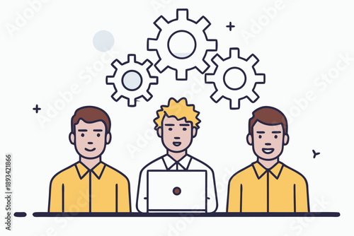 Teamwork collaboration gears business people vector illustration. professional developers working together on project, software development and engineering concept.