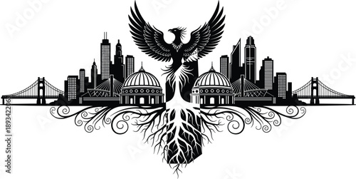Black Silhouette Illustration of a Majestic Phoenix Rising Over a Modern City Skyline with Bridges and Ornate Roots Isolated on White for Mythological Design