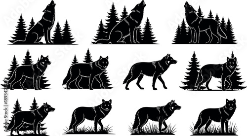 Canvas Print Set of Wolf Silhouettes Vector Illustration of Wild Animals Howling and Standing