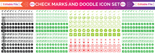 Check tick mark icon set, hand drawn doodle red cross box x check mark green checkbox v, sketch marker checklist symbol right and wrong set - for stock