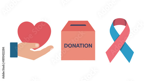 Charity Donation with Pink Ribbon in Flat Design on White Background for Health Awareness Campaign