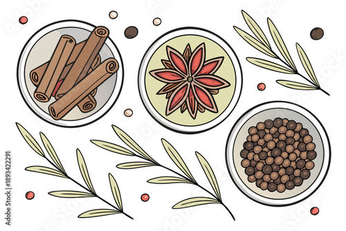 Vector illustration featuring an aromatic collection of kitchen spices: cinnamon sticks, star anise, black peppercorns, and fresh rosemary sprigs, perfect for culinary designs.