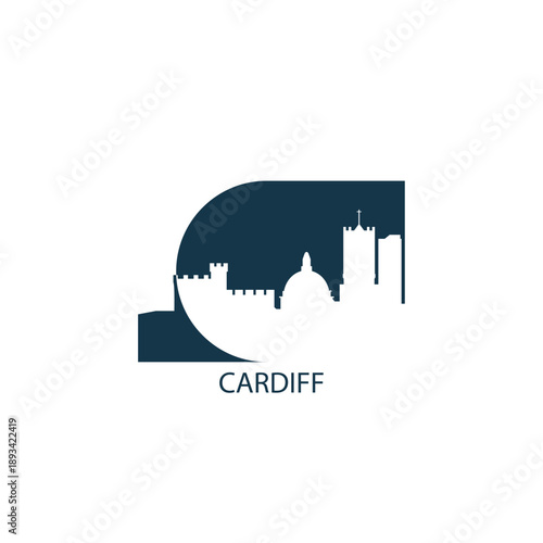 Cardiff logo, clip art with cityscape, skyline, panorama, skyscrapers. Vector flat isolated illustration. Wales UK city image with landmarks and buildings
