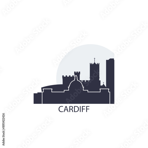 Cardiff logo, clip art with cityscape, skyline, panorama, skyscrapers. Vector flat isolated illustration. Wales UK city image with landmarks and buildings