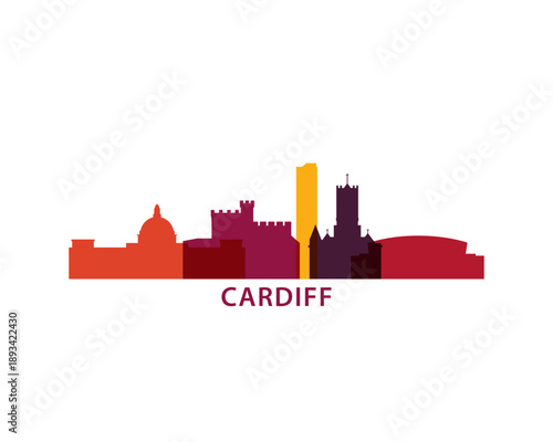 Cardiff logo, clip art with cityscape, skyline, panorama, skyscrapers. Vector flat isolated illustration. Wales UK city image with landmarks and buildings