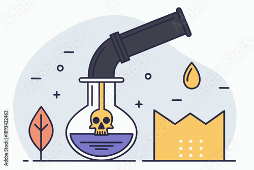 Hazardous chemical experiment vector illustration: skull in lab flask with toxic purple liquid, pouring substance, abstract science elements, leaf, and crown. dangerous research.