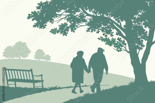 Elderly couple silhouette walking hand-in-hand through a peaceful park landscape with trees and bench at sunset, serene retirement love and companionship vector illustration