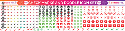 Check tick mark icon set, hand drawn doodle red cross box x check mark green checkbox v, sketch marker checklist symbol right and wrong set - for stock