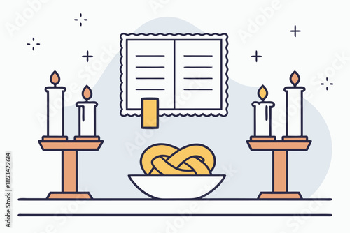 Shabbat shalom vector illustration: traditional jewish celebration with challah bread, lit candles, and sacred text for religious holiday graphics and cultural designs