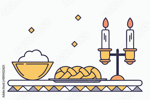 Shabbat jewish holiday table setting vector illustration. minimalist flat design with challah bread, lit candles, and festive decorations for rosh hashanah, yom kippur, passover, hanukkah, succot.