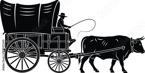 Black Silhouette of a Pioneer Driver Directing an Ox Pulling a Vintage Covered Wagon with Large Wheels Isolated on White Background for Historical Design
