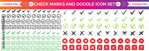 Check tick mark icon set, hand drawn doodle red cross box x check mark green checkbox v, sketch marker checklist symbol right and wrong set - for stock