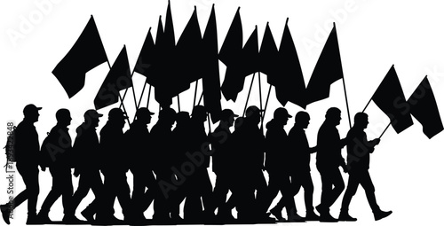 Black silhouette of crowd of people marching with flags isolated on white background, protest group or parade demonstration vector illustration for social movement design. (25 words)
