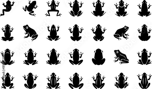 A grid of 28 black frog silhouettes in varied poses and perspectives. Simplified and stylized for clarity, these icons are great for nature-themed designs, educational tools, and pattern creation.