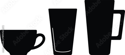 Minimal drinkware silhouettes set, coffee cup tall glass and mug icons, modern beverage container collection isolated on white background vector