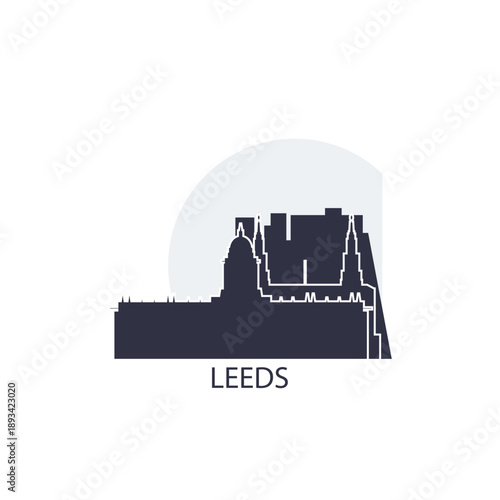 Leeds logo, clip art with cityscape, skyline, panorama, sightseeing. Vector flat isolated illustration. UK England city image with landmarks and buildings