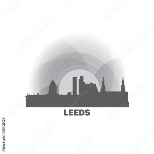 Leeds logo, clip art with cityscape, skyline, panorama, sightseeing. Vector flat isolated illustration. UK England city image with landmarks and buildings