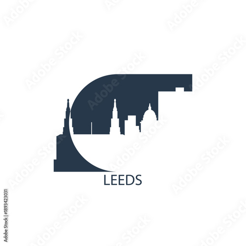 Leeds logo, clip art with cityscape, skyline, panorama, sightseeing. Vector flat isolated illustration. UK England city image with landmarks and buildings