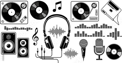 Music equipment icons set with headphones microphones vinyl records turntables speakers audio wave equalizer black vector illustration isolated white background collection design elements bundle