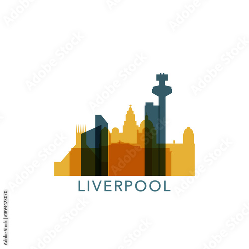 Liverpool logo, clip art with cityscape, skyline, panorama, sightseeing. Vector flat isolated illustration. UK England city image with landmarks and buildings