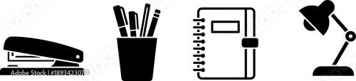 Office stationery and desk accessories icon set featuring stapler pen holder notebook and lamp black silhouette vector illustration isolated on white background modern workspace symbols