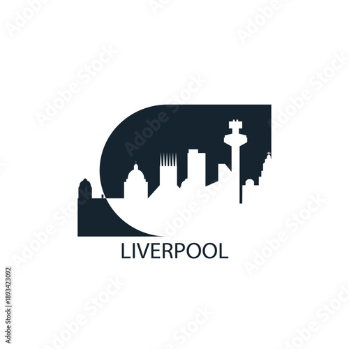 Liverpool logo, clip art with cityscape, skyline, panorama, sightseeing. Vector flat isolated illustration. UK England city image with landmarks and buildings
