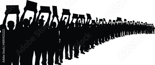 Black silhouette of large crowd of people holding protest signs and banners isolated on white background, demonstration or strike for social justice vector illustration. (24 words)