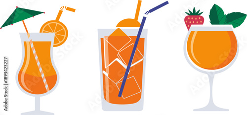 Orange cocktail drinks vector illustration set with summer beverages, juice glasses, ice cubes, straws, citrus garnish, tropical refreshment isolated on white background design collection