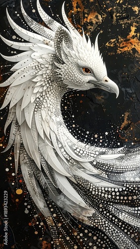 A white bird with long feathers and red eyes against a black background