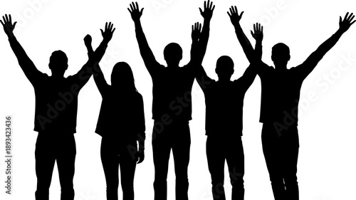 People silhouette with raised hands celebrating success unity freedom teamwork victory motivation empowerment diversity group cheering black vector illustration isolated white background concept