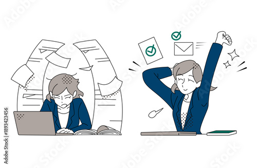 Businesswoman Overcoming Heavy Workload And Task Completion Illustration