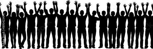 People silhouettes standing together with raised hands symbolizing unity, agreement, voting, celebration, teamwork, equality, participation, success,