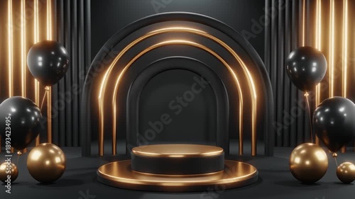 Luxurious black and gold stage with circular platform, concentric gold arches, striped panels, and festive balloons.