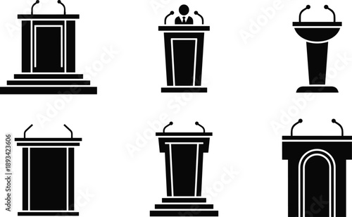 Podium lectern icon set, political speech rostrum silhouettes, public speaking stand symbols, conference debate presentation vector illustration collection