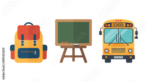 School Supplies and Bus in Cartoon Style with Bright Colors on White Background for Education