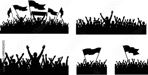 Protest crowd silhouette set with raised hands and waving flags activism rally demonstration people power unity revolution black vector illustration collection isolated background design