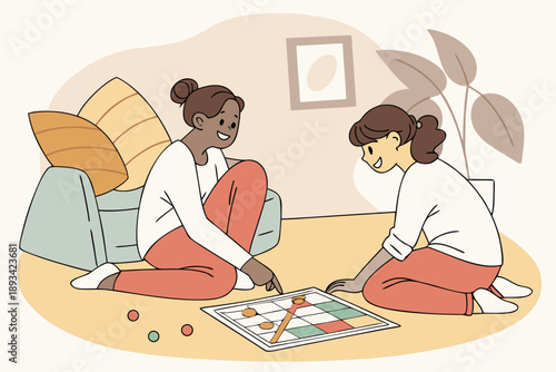 Happy young women playing board game at home, enjoying leisure time and friendship in cozy living room setting. diverse female friends having fun with strategy game. flat vector illustration.