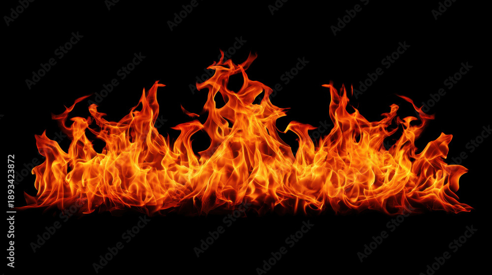 Fototapeta premium Bright orange flames dance and flicker across a dark black background, creating a vibrant display. A vivid horizontal border of intense fire and glowing embers against a deep black void.