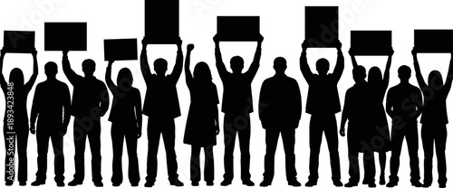 protest, protesters, demonstration, activism, silhouette, crowd, people, holding signs, blank placards, social justice, freedom, equality, unity, civil 