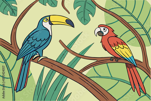 Colorful tropical birds vector illustration: toucan with vibrant yellow beak and scarlet macaw parrot perched on jungle branches amidst lush green foliage, exotic wildlife paradise scene graphic.