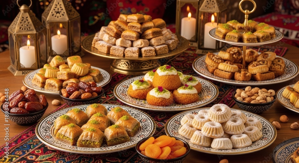Fototapeta premium Traditional Middle Eastern Sweets and Desserts on Plates.