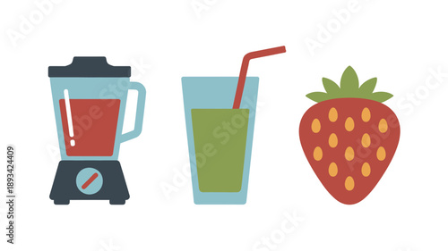 Fresh green smoothie in blender and glass with red strawberry on white background for healthy eating