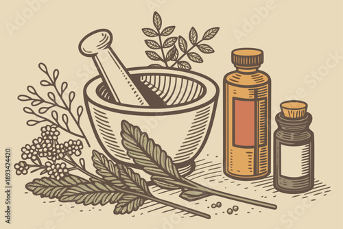 Vintage vector illustration: herbal medicine preparation with mortar, pestle, essential oil bottles, and natural herbs for holistic healing & aromatherapy.