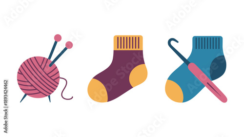 Knitting Supplies in Vibrant Colors with Knitting Needles and Socks in Flat Design for Crafting