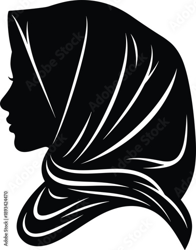 Black Silhouette Profile of a Muslim Woman Wearing a Hijab Headscarf Isolated on a White Background for Islamic Culture Diversity and Religious Design Projects
