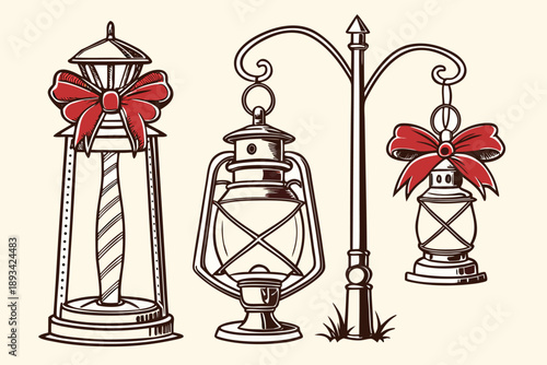 Vintage christmas lanterns and antique lamps vector art set. festive holiday decorations with red bows, classic oil lamp, and streetlight design. hand-drawn retro style illustration for winter season.