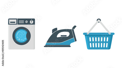 Washing machine, iron, and shopping basket in flat design with bright colors and clean lines for household appliances